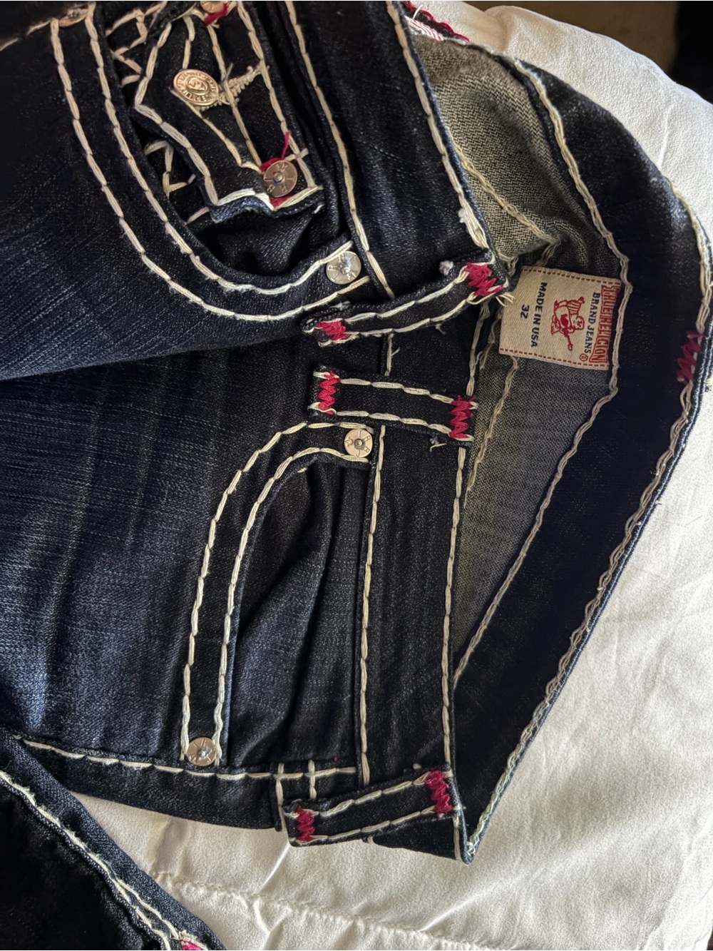 True Religion Black Skinny Jeans with White Contrast Stitching and Red Accents